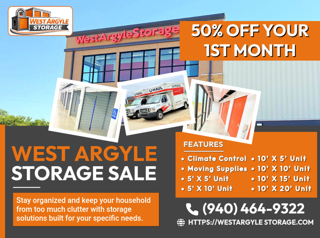 Storage features and 50% off first month at West Argyle Storage!